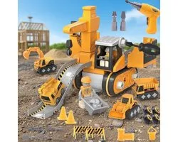 TEKROA® Constructie Speelgoed Vrachtwagen - 4-in-1 Uit Elkaar Haal Auto - Constructiespeelgoed - Bouwsets - met Elektrische Boormachine & Gereedschap - Educatief Speelgoed vanaf 3 Jaar - Geel