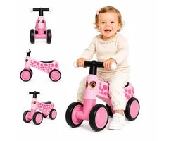 VROOOMY Baby Loopfiets 1 tot 3 jaar – Stabiele Loopwagen met LED-verlichting in het Stuur – Kinderfiets met 4 EVA-Wielen & Ergonomisch Design – Roze