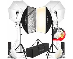 Pixetool Softbox fotostudio set 50 x 70cm inclusief 2 flitsparaplu’s - 2 Softbox studiolampen LED lampen 4800 Lumen 3000-6000K - 2m verstelbaar statief x2
