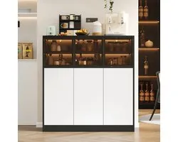 Komhtom - Sideboard et meuble de cuisine avec éclairage - 100×40×105 cm - Meuble de rangement avec 3 portes vitrées et 3 portes blanches - Convient pour le salon, la cuisine et la salle à manger