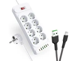 intplus+ Power Brick - 3 Meter Stekkerdoos met USB en Schakelaar - 8 Stopcontacten en 6 USB-Poorten – 4x USB-A en 2x USB-C, Snelladen, Overspanningsbeveiliging, Kinderveilig – 2500W - Wit