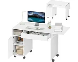 Bureau d'ordinateur mobile - bureau repliable avec placard et tiroir - aggloméré - blanc