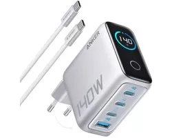 Anker 140W USB-C oplader - Geschikt als lader voor laptops - 4 poorten voor snelladen van meerdere apparaten - Geavanceerde GaN-lichtnetadapter - Intuïtieve touch-bediening - Grijs