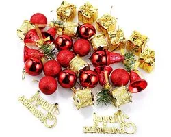 Mini Kerstballen Rood - Schitterende Shatterproof Plastic Hangende Versieringen voor de Kerstboom - 32 Stuks Decoratie met Drum en Gouden Bel