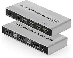 NÖRDIC KVM-101 KVM switch 2 in naar 1 uit - 2x PC naar 1x DP 1.2 4K60Hz - 3x USB - Grijs