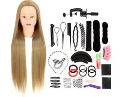 Wigs & More Tête de Coiffure Tête de Pratique Poupée de Coiffure avec Trépied et Accessoires de vêtements pour bébé de Tuning - Tête de Coiffure - Cheveux Blonds - 65 cm