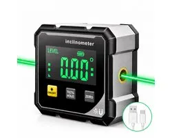 Inclinomètre Numérique - Inclinomètre Magnétique à 4 Faces - Laser Vert - Rechargeable - Écran LCD avec Hold et Zero - Niveau à Bulle Numérique pour Travail du Bois, Construction et Montage