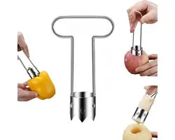 Ontkerner - peperzaadverwijderaar - komkommergatengraafmachine - roestvrijstalen T-vormige zaadverwijderaar - handmatig fruitboorgereedschap - voor tomaten, appels, paprika's, peren, bittere meloenen, komkommers (16 * 3,5 cm - zilver)