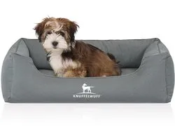 Panier orthopédique imperméable pour chien Cuddlewuff Leon en velours avec personnage tissé à la main ML 85 x 63 cm couleur pétrole