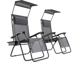 Chaises de jardin pliables LifeGoods - avec auvent - parasol réglable - 2 pièces - réglable 30°-90° - métal - gris foncé