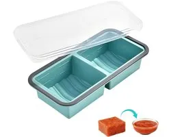 Silicone Portieblokjes - met 2 vakken - Siliconen diepvriesbakjes - Siliconen vriesvorm - Soepvorm - met deksel - bewaardoos voor soepen - bewaardozen - voedselopslag container - voor het invriezen van soep, bouillon, saus en ijs - blauw