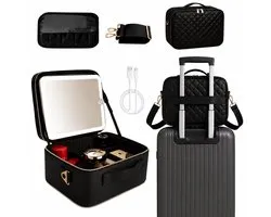 Coffret de beauté de luxe avec miroir et éclairage LED – Organisateur de valise de maquillage parfait pour femmes - Noir - Set de voyage à roulettes