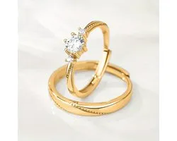 Sjika - Ensemble de Bagues de Relation – 2 pièces – Couleur or – Zirconia – Ajustable – Alliances / Bagues de fiançailles / Bagues d'amitié – Pour Couples - Cadeau