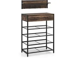 GOPLUS Wall Wardrobe, Shoe Rack, Wall Shelf with 5 Hooks and Shelf, Coat Rack with Drawers, Grid Shelves and Hooks, Shoe Rack with Wardrobe, Hallway Wardrobe for Entrance, Bedroom