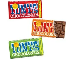 Tony's Chocolonely Bundel 3 chocoladerepen - melk + melk karamel zeezout + puur amandel zeezout - 3 x 180 gram