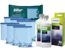 Aquafloow, 6x filtre à eau pour machines à expresso, compatible avec Philips / Saeco, cartouche de charbon + 2x détartrant CA6700/10 Philips 250 ml, original, ensemble machine à expresso