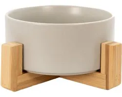 Intirilife Etensbak keramisch met rekje in Grijs - Totale afmetingen 20.5 x 8.5 cm - Bak 15.5 x 6.5 cm - Inhoud van 800 ml - Voerbak, waterbak voor honden en katten met bamboehouder