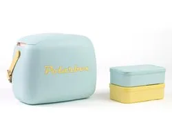 Retro Koelbox 6L met 2 Lunchboxen - Vintage Koelbox voor Picknick, Strand, Camping & Lunchbox – Sky Blue -Yellow Polarbox.