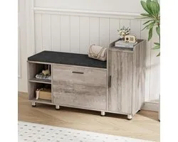 BonVache Shoe Bench with Seat, Folding Compartment with Adjustable Divider, Height Adjustable, Shoe Cabinet with Storage Doors and 3 Open Storages, Shoe Rack for Hallway, 105 x 34 x 67 cm, Grey