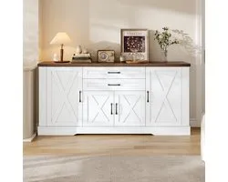 Pugsdrly Sideboard, meuble de cuisine avec plan de travail, buffet avec 4 portes et 2 tiroirs, îlot de cuisine, meuble de salon, garde-manger pour le salon, la cuisine et la salle à manger, blanc, 160x39x81,5 cm