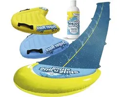 Slipn'Slide® 10 mètres Pack XXL | 1 tapis de glisse aquatique double piste 10 mètres + 2 bodyboards + 1 savon naturel extra-glissant | Tapis de glisse Slip and Slide | Jeu aquatique pour enfants et adultes | OriginalCup®