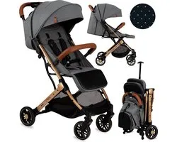 MoMi Estelle Kinderwagen - Lichtgewicht Buggy - Compact Opvouwbaar - Met Verstelbare Rugleuning - Reisbuggy 6+ Maanden - Grijs/Goud