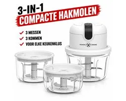 Keukenvriend © - Hakmolen SET - 350 + 250 + 100ML - Hulpje in de keuken - Hakmolen elektrisch - Vaatwasbestendig - USB oplaadbaar - Mini Portable Chopper - Blender - Keukenmachine - Krachtig - Draadloos - Babyvoeding blender