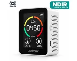Compteur de CO2 3 en 1 Ketchy - Compteur de CO2 - Compteur de CO2 avec capteur NDIR - Capteur NDIR - NDIR - Compteur de qualité de l'air - Compteur de CO2 intérieur - Thermomètre - Hygromètre - Portable et rechargeable - Incl. Alarme CO2 et câble USB
