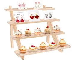 Graduated Wooden Riser Display Stand, Collectible Display Riser Shelf, Cupcake Stand, Jewellery Organiser for Pop Figures, Cupcakes, Perfumes, Cosmetics (4-Tier Burlywood)