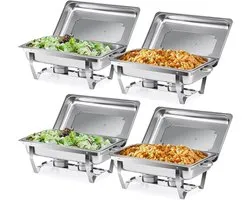 Wilprep Chafing dish set GN 1/1, Warmhoudcontainer inhoud 9 liter van roestvrij staal, Voedselverwarmer met brandpasta houders, Rechthoekige buffet warmer set voor all-you-can-eat buffet catering feest (4 stuks)