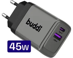 Buddi Power 45W Power Adapter | USB-C + USB-A Adapter | Fast Charge | Snellader voor Smartphone en Tablet | Compact en Efficiënt | GaN-technologie | Grijs