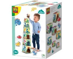 SES - Tiny Talents - Tour de Blocs à empiler avec figurines de dinosaures - Montessori - 7 blocs empilables avec 3 dinosaures ludiques - magnifiquement illustrés