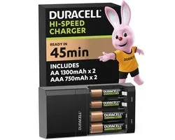 Chargeur de piles Duracell - Charge en 45 minutes - 2 piles AA et 2 piles AAA incluses