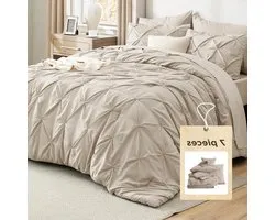 Bedsure Bed-in-a-Bag Dekbedset, 7-delig, GentleSoft™ beddengoed met geknepen plooitjes, dekbed met lakens, kussenslopen en sierkussenhoezen - Kingsize (259 x 229 cm), beige