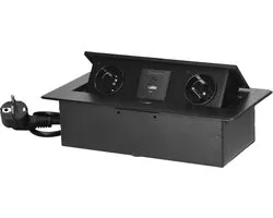 Multiprise de bureau avec USB - Multiprise Pop up avec 2 prises, 1x USB A et 1x USB C - Prise de distribution intégrée avec finition en acier inoxydable - Multiprise avec câble de 1,5 mètre - pour 3680 Watt maximum - Broche de terre - Zwart