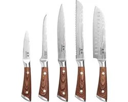 Shinkami® - Ensemble de couteaux japonais à 5 pièces avec pierre à aiguiser – Style Samurai – Couteaux de cuisine en acier inoxydable – Incluant pierre à aiguiser double face (400/1000)