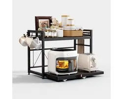 SnelShoppen - NETEL Magnetron Rek - Verstelbare Keukenstandaard met Bekerhouder en Lade - 2-Laags Werkblad - Zwart - Uitschuifbaar van 40-60 cm