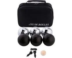 Jeu de Boules Set 6 Ballen in Tas – 3 Zwart & 3 Zilver – Ø74 mm 720 g – Metalen Ballen – Pétanque Set – Geschikt voor elke Jeu De Boules baan – Longfield