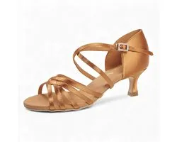 Latin Wedstrijd Dansschoenen Dames - DanceArt Katja - Dark Tan Satijn - Suede zool - Reguliere Breedte - 5 cm Flare Hak - Ultieme stabiliteit - Elegante look - Pin gesp - Latin, Salsa, Bachata, Stijldansen - Diamant - Beige - 41