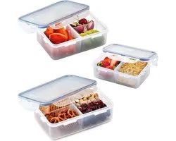 Lock&Lock Lunchbox - Snackdoosjes - Bento box - Snackbox - Met Vakjes - Set van 3 stuks - BPA vrij - PFAS vrij - Broodtrommel - Lunchtrommel - Snackbakjes - Fruitbakje school - Lekvrij - Volwassenen en Kinderen