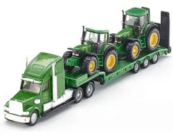 SIKU 1837, Dieplader met 2 John Deere-tractoren, 1:87, metaal/kunststof, groen, achterklep kan open