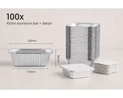Barquettes en aluminium avec couvercle 450ml - 100 pièces - Barquettes rectangulaires en alu - 15 x 12 x 5 cm - Kapsalon & Repas - IMES PACK