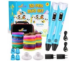TinyPlay - Set van twee - 2x 3D Pen Starterspakket XXL - 100m Filament Vullingen - Opbergcase - Transparante tekenmat - Tekenboek - Vingerbeschermers - Knutselen Meisjes & Jongens - 3D pennen
