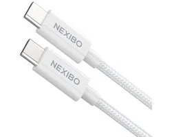 Nexibo Câble USB-C vers USB-C 100W 5A - USB 3.0 - Chargeur rapide - Chargeur - Câble de charge - Convient pour Macbook, iPad Pro/ Air, Samsung Galaxy/Note - Nylon tressé - Wit - 2 mètres