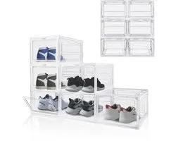 6 Stuks Transparante schoenendoos met magnetische voordeur, stapelbare plastic schoenenkast, 34x27x19cm schoenopberger voor sneakers, hakken, ruimtebesparende opbergbox voor hal en bureau