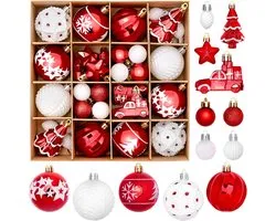 42 boules de Noël pour sapin de Noël - décorations rétro pour sapin de Noël, boules pour l'intérieur - ornements suspendus décoratifs boules de Noël pour la décoration de fêtes de fin d'année - rouge et blanc