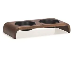 Designed by Lotte Melora Voerbak/Drinkbak Kat - Dinerset Eetbak/Waterbak Kat - Hout/RVS - Zwart - 2x350 ml