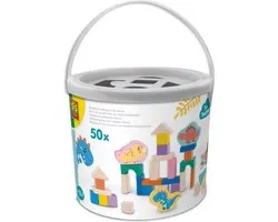 SES Creative - Tiny Talents - Houten Bouwblokken Dino’s Emmer - 50-delig - vormenstoofdeksel - stimuleert motoriek en creativiteit - houten speelgoed - dino thema - peuter bouwset
