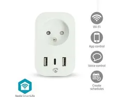 Prise connectée Nedis SmartLife – Prise Smart – USB-C et USB – Minuterie – Compteur d'énergie – Wit – 1 pièce
