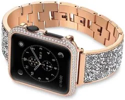 Bracelet de montre de Luxe FFO2World - Or rose - Compatible avec Apple Watch (S1/2/3) 44 mm - Design inspiré de Swarovski avec cristaux scintillants et bracelet à maillons métalliques incurvés - Compatible avec Ultra, SE, Series 10 à 1